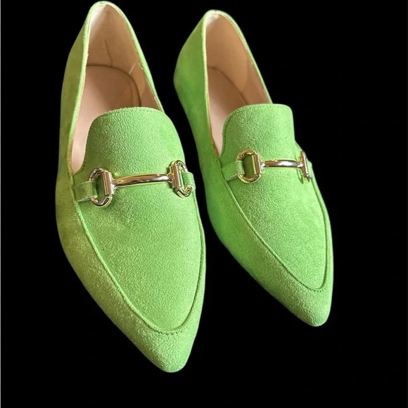 Green Pointy Toe Suede Loafers with Gold Horsebit Accent - Picture 2 of 6